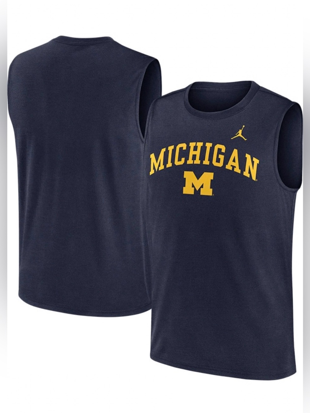 Jordan Navy Sleeveless Michigan Tee with Yellow Logo - L